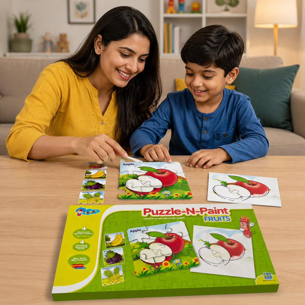 Puzzle-N-Paint Fruits – Reusable Colour & Wipe Learning Puzzle Set for Kids