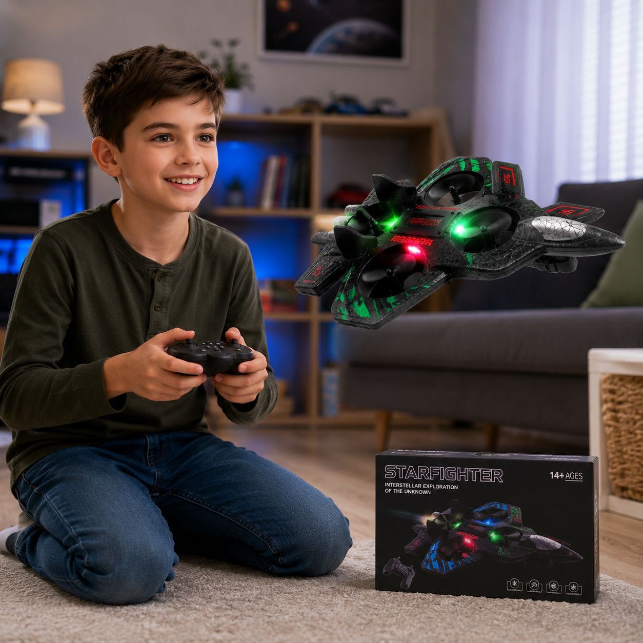 Starfighter RC Drone with LED Lights & 360° Stunt Flying Toy